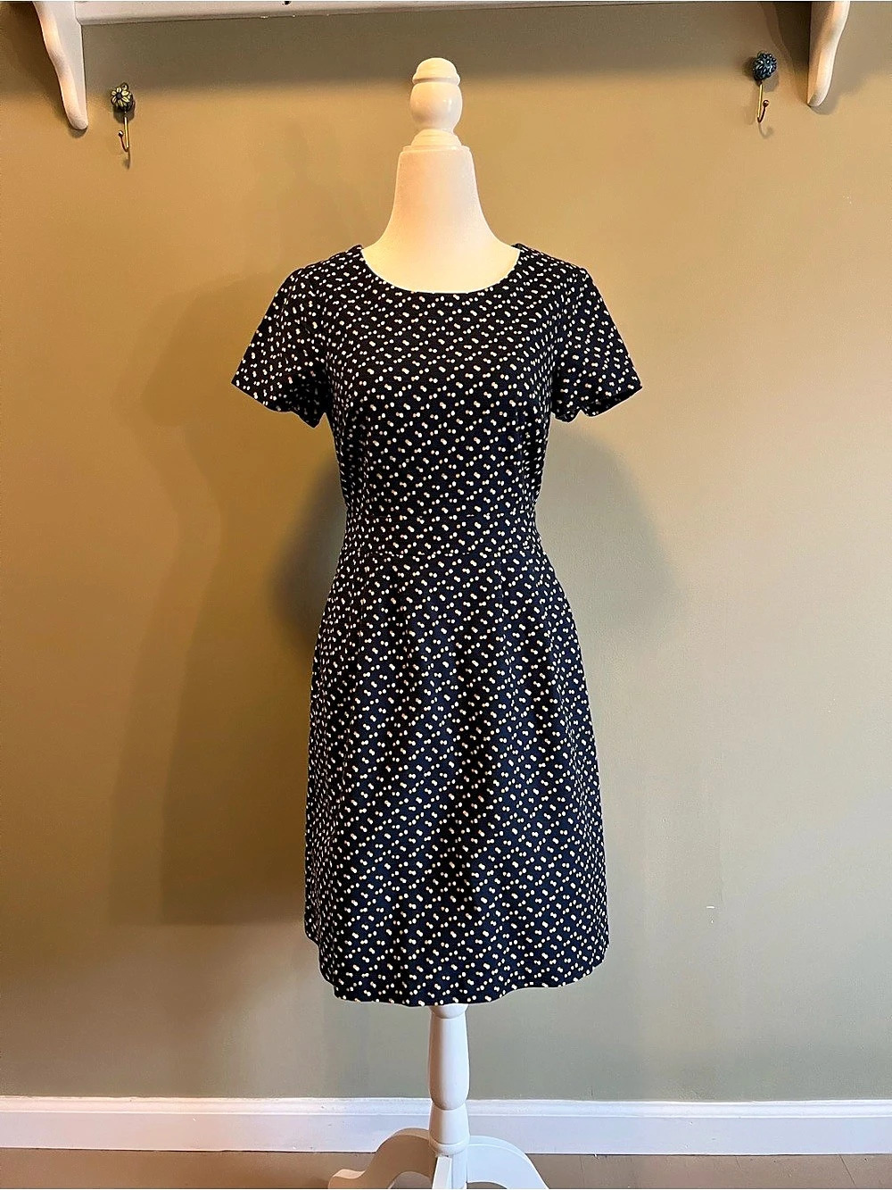 Boden Navy Mustard Dot Fit & Flare Dress Petite US 4P UK 8P